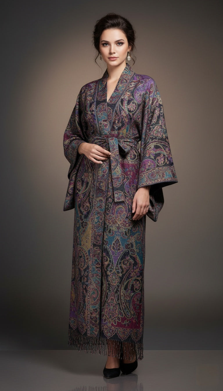 Kashmiri Pashmina Abaya Kimono – Twilight Noir (Fringed)