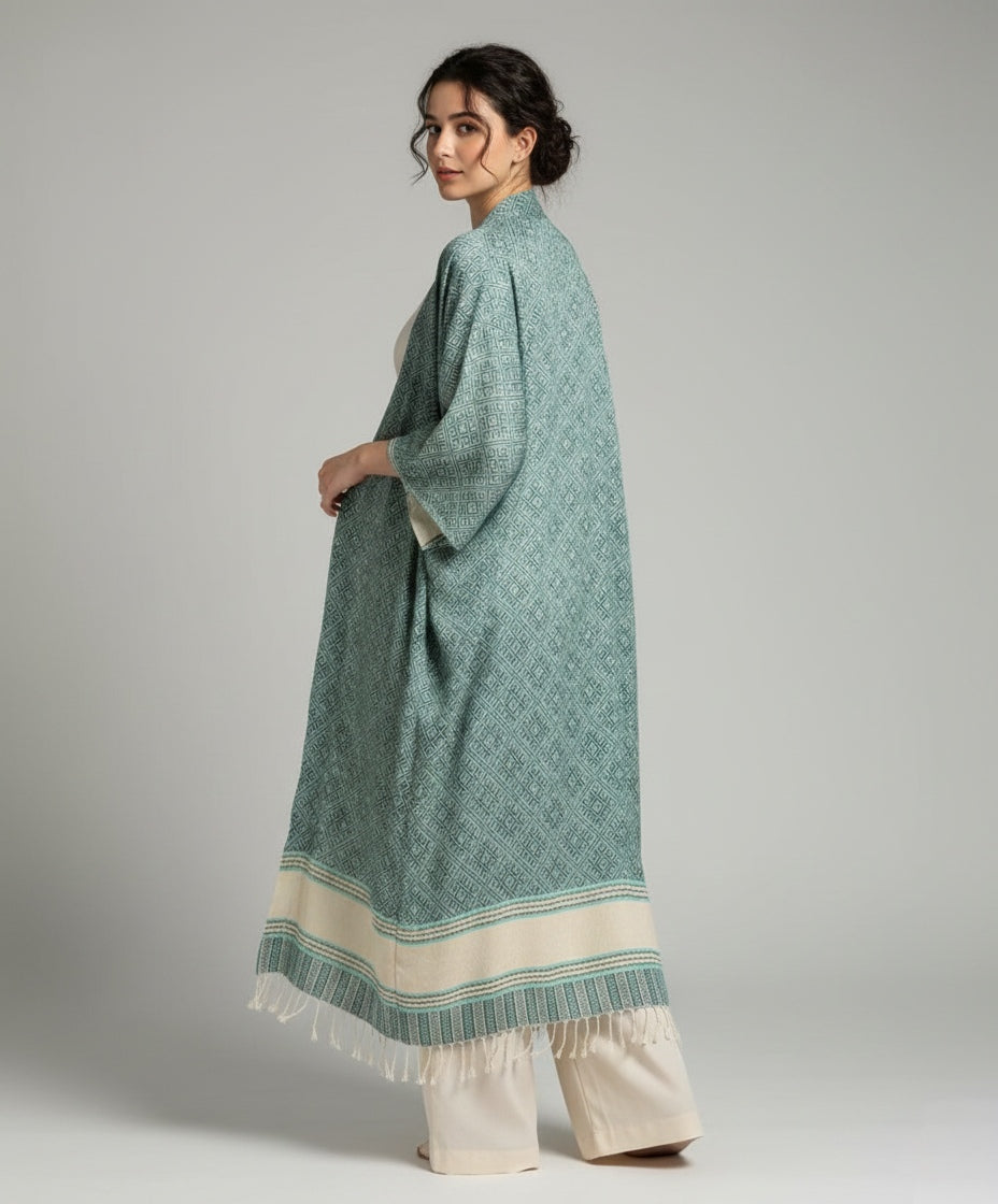 Pashmina Kimono Abaya Kimono – Sage Geometric Weave