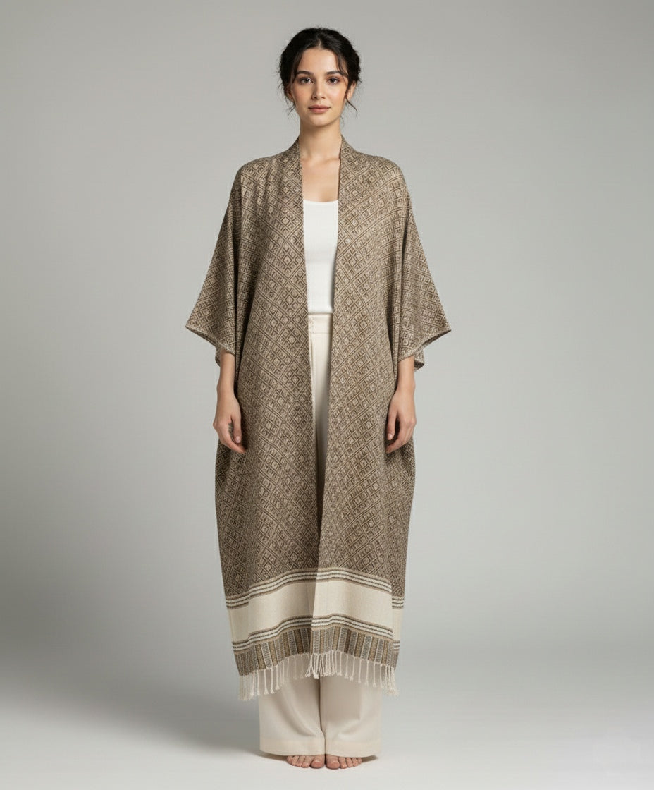 Pashmina Abaya Kimono – Taupe Geometric Weave